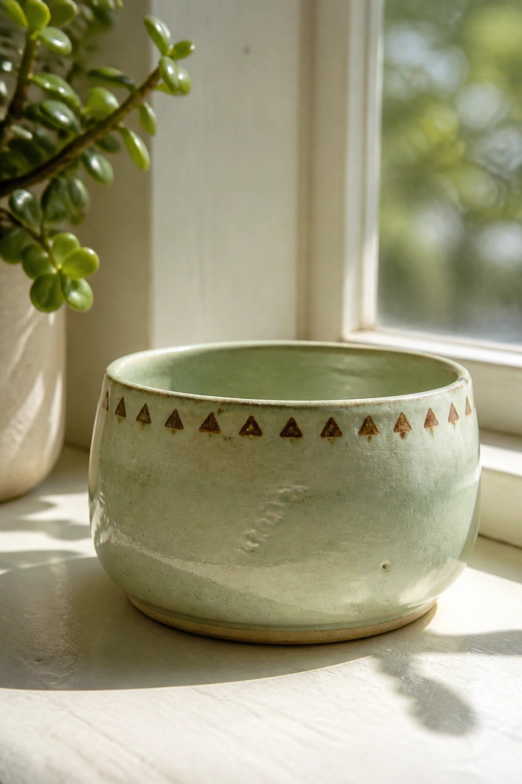 Light green ceramic bowl with brown triangular rim on sunlit windowsill beside plant