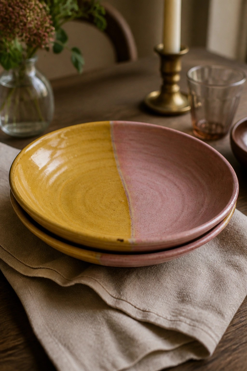 Stacked two-toned yellow and pink ceramic bowls on beige linen cloth