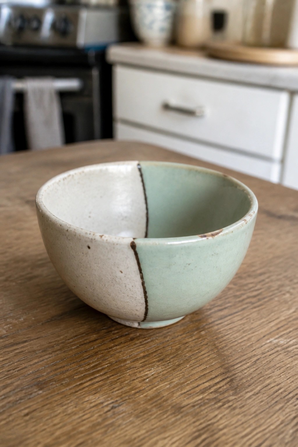 Two-toned ceramic bowl with cream speckled and mint green halves on wooden table