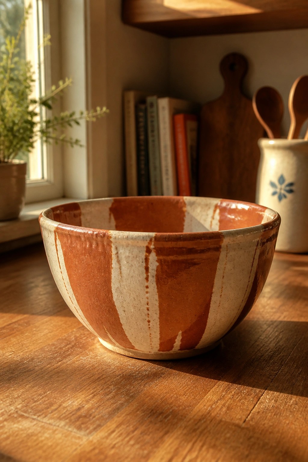 Rustic brown and white striped ceramic bowl on sunlit wooden table