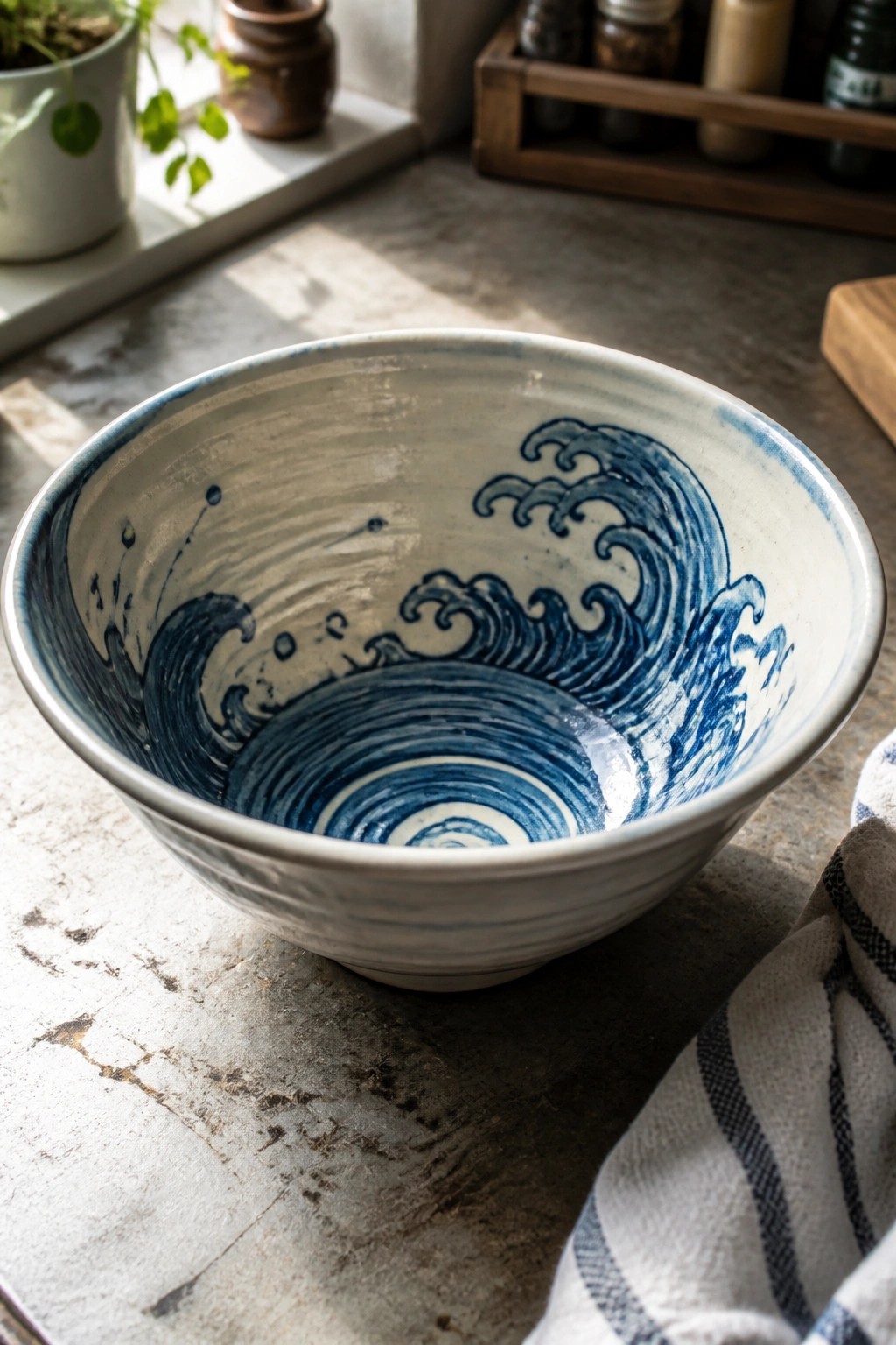 Ceramic bowl with blue wave patterns on rustic wooden table beside striped cloth