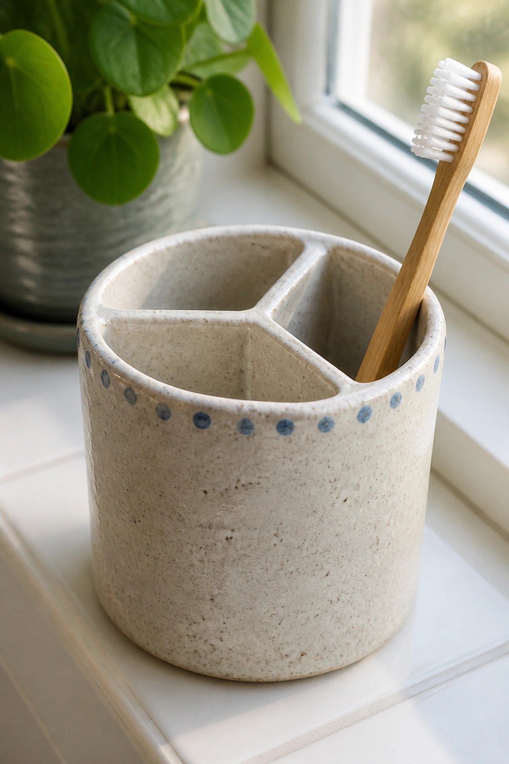 Speckled beige ceramic holder with blue dots holding bamboo toothbrush on windowsill