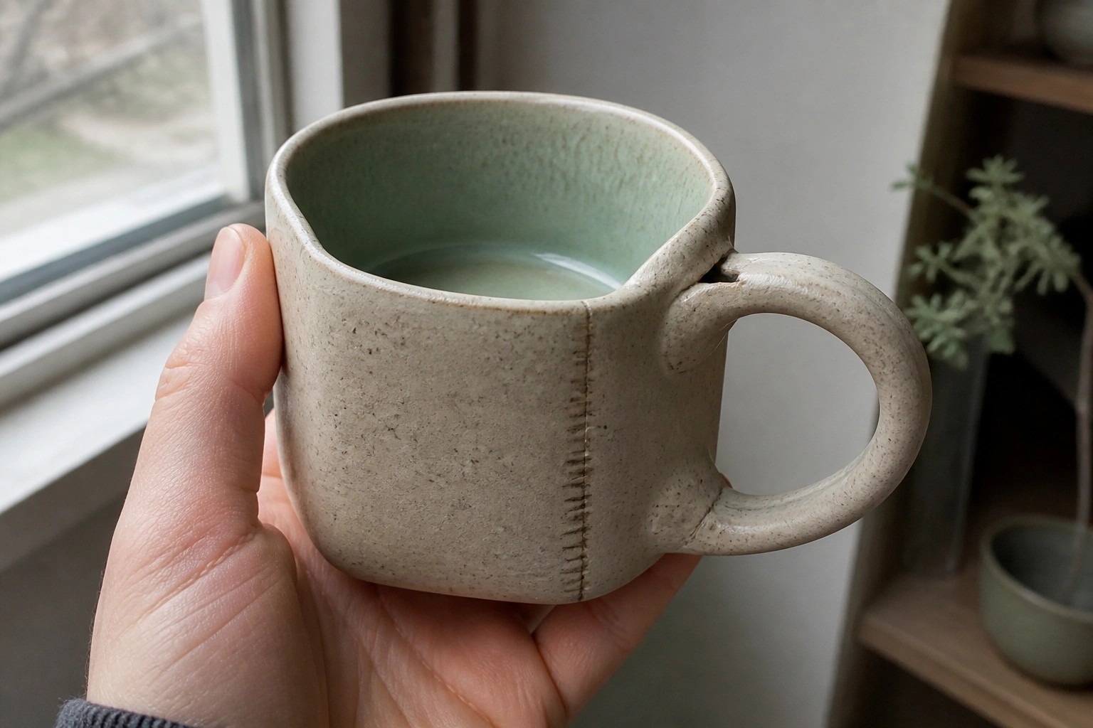 Hand holding beige speckled ceramic mug with green interior, handle, and seam.
