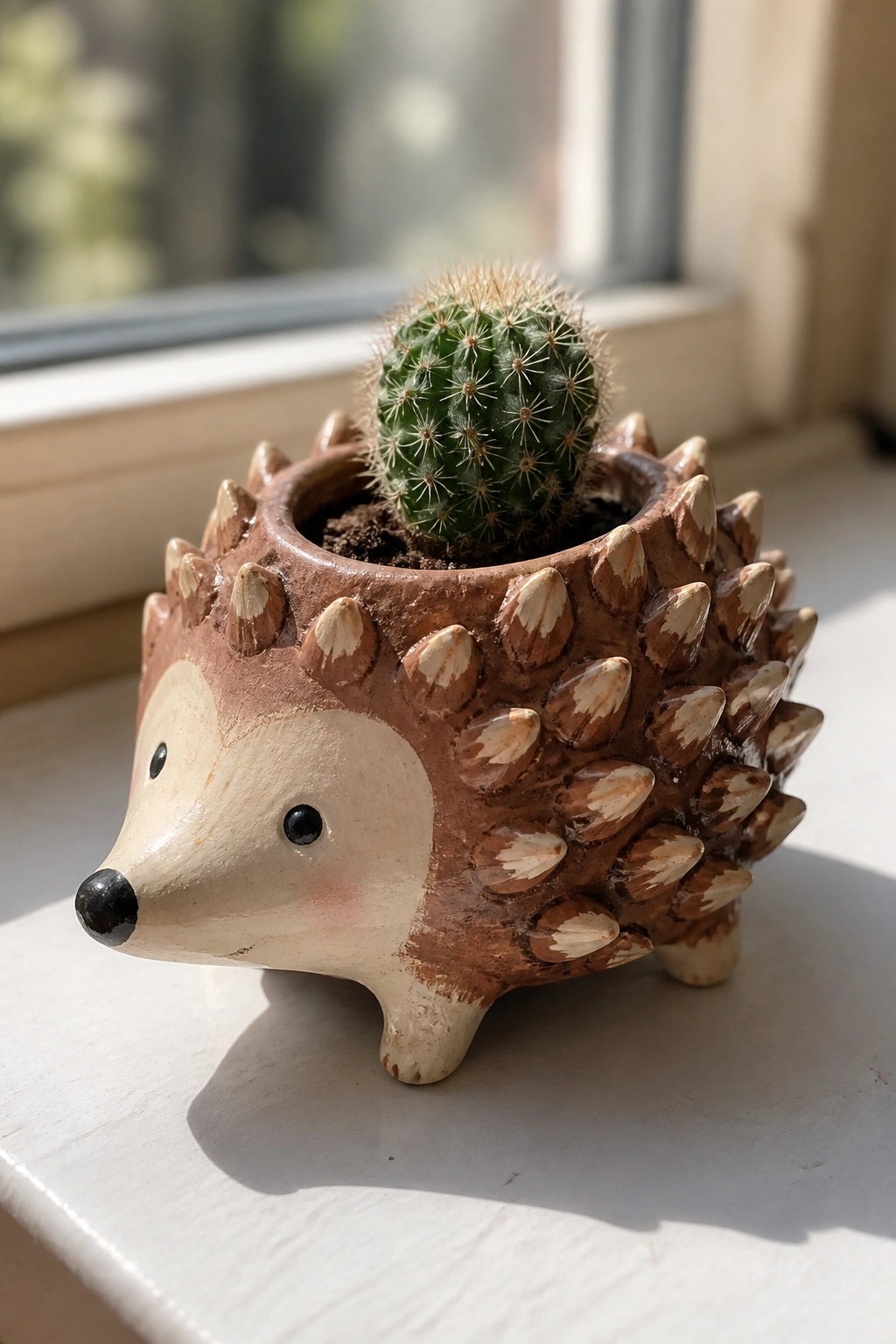 Ceramic hedgehog planter with green cactus on sunny white windowsill.