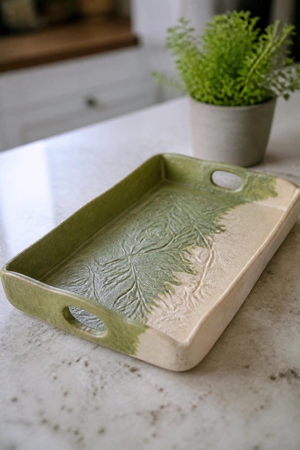 Green leaf-embossed ceramic tray beside potted plant on marble counter
