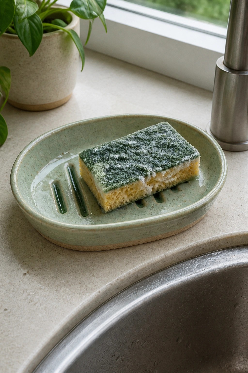 Wet soapy sponge on ridged green ceramic dish by kitchen sink