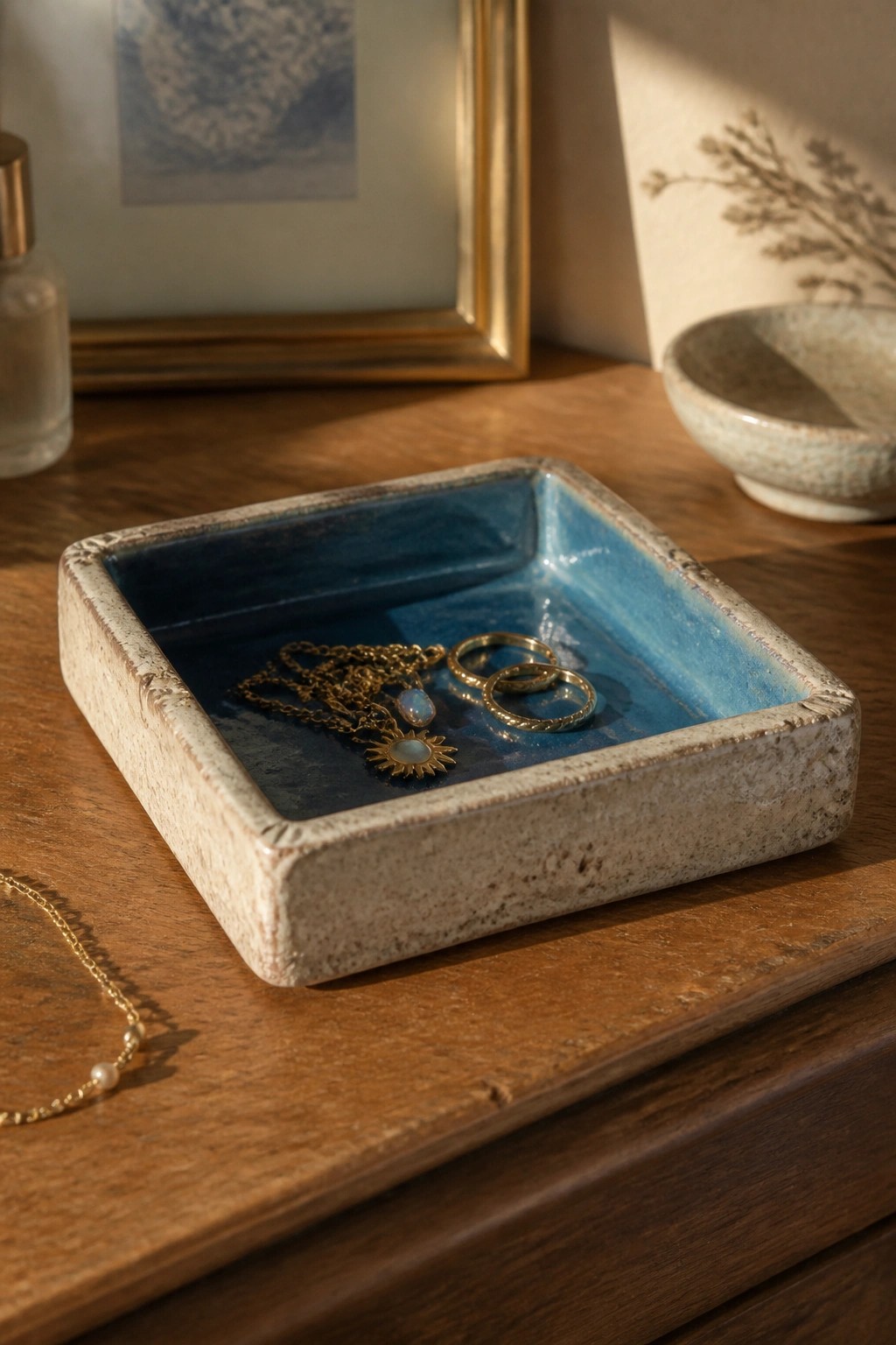 Blue ceramic tray holding gold sun necklace and rings on wooden table