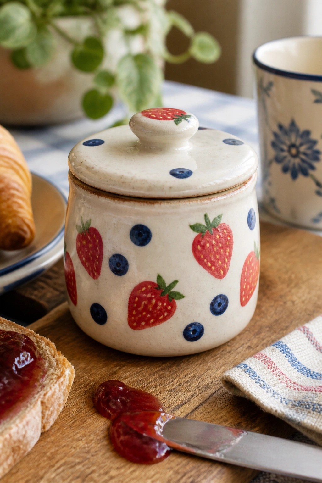 Ceramic jar with strawberries and blueberries beside jam, knife, and bread on wood.