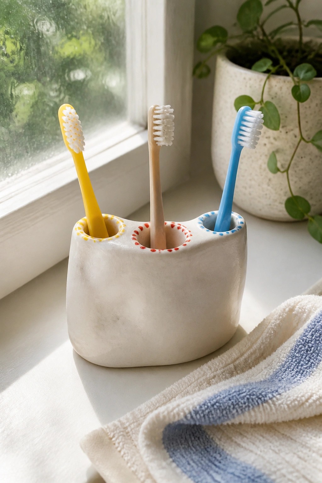 Ceramic holder with yellow, beige, and blue toothbrushes on a windowsill beside a towel