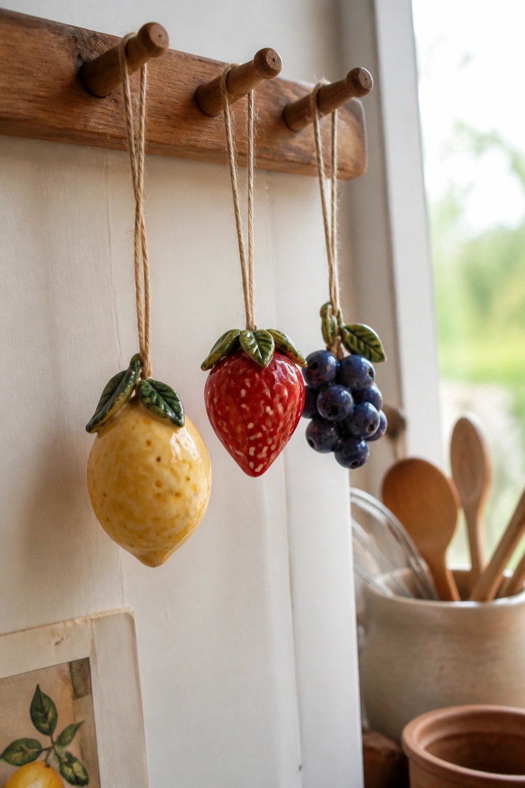 Ceramic lemon, strawberry, and blueberries hanging by twine from wooden peg rack