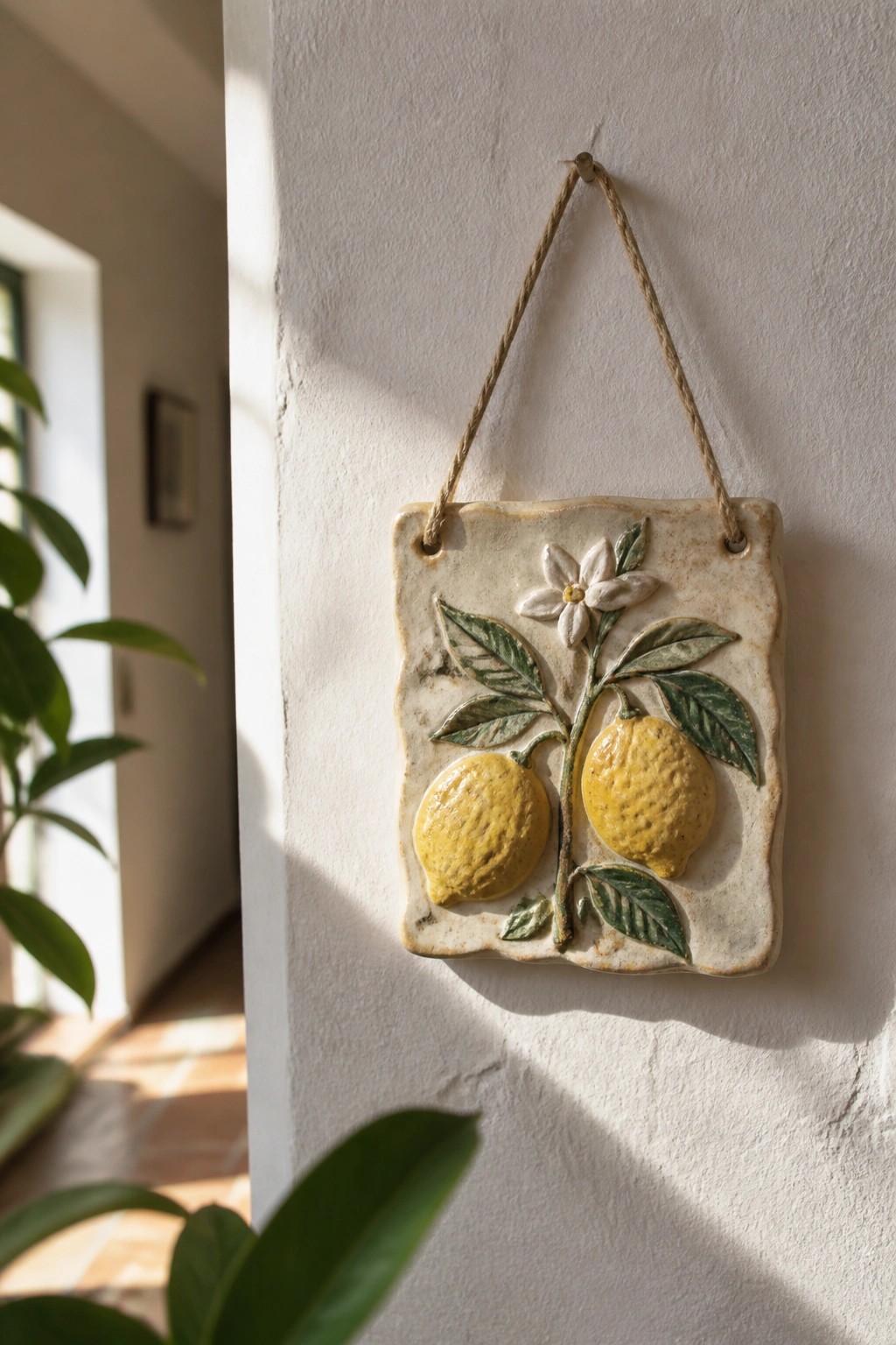 Ceramic plaque with two yellow lemons, green leaves, and white flower hanging on white wall.
