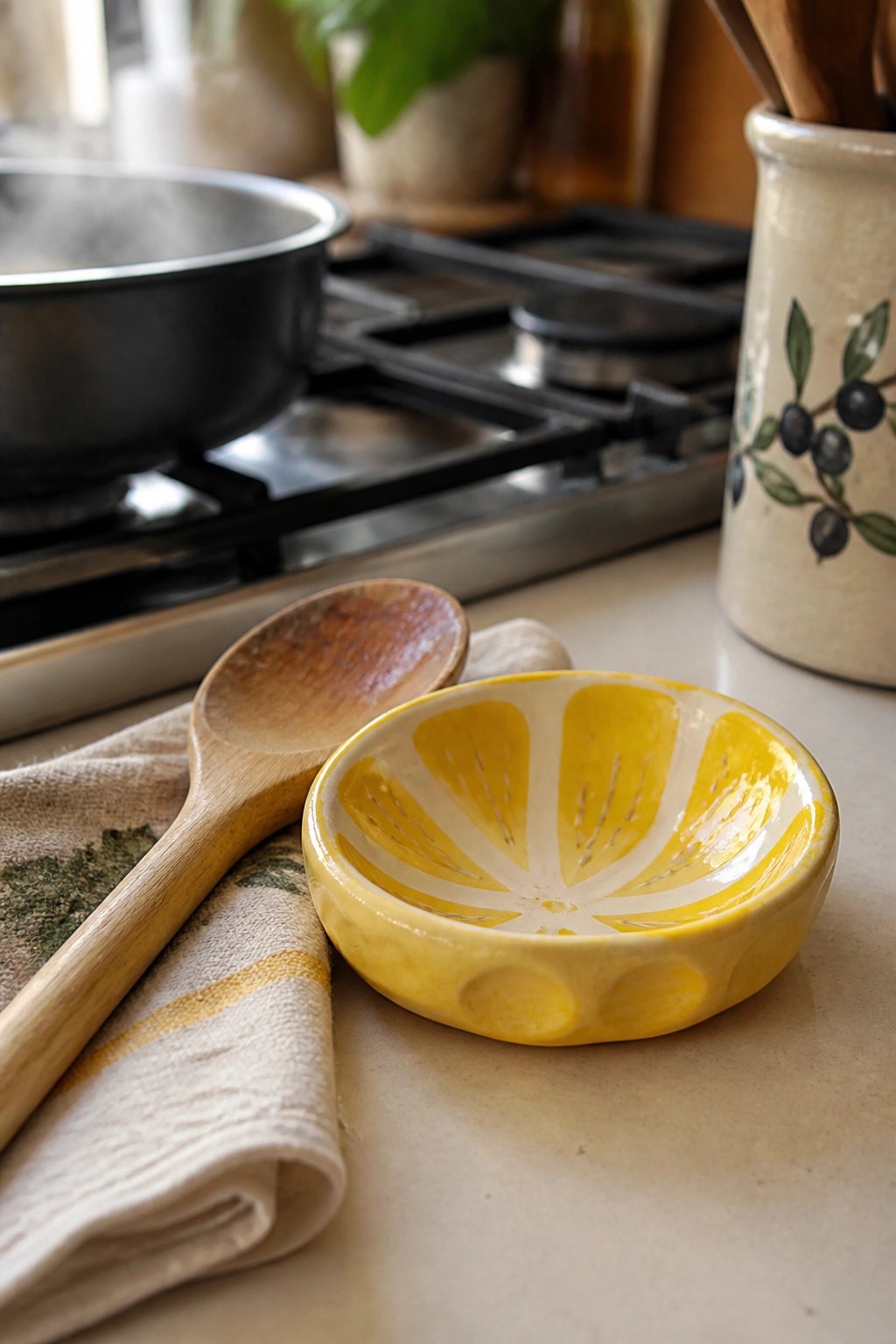 Yellow lemon-slice ceramic bowl with wooden spoon on striped towel by stove