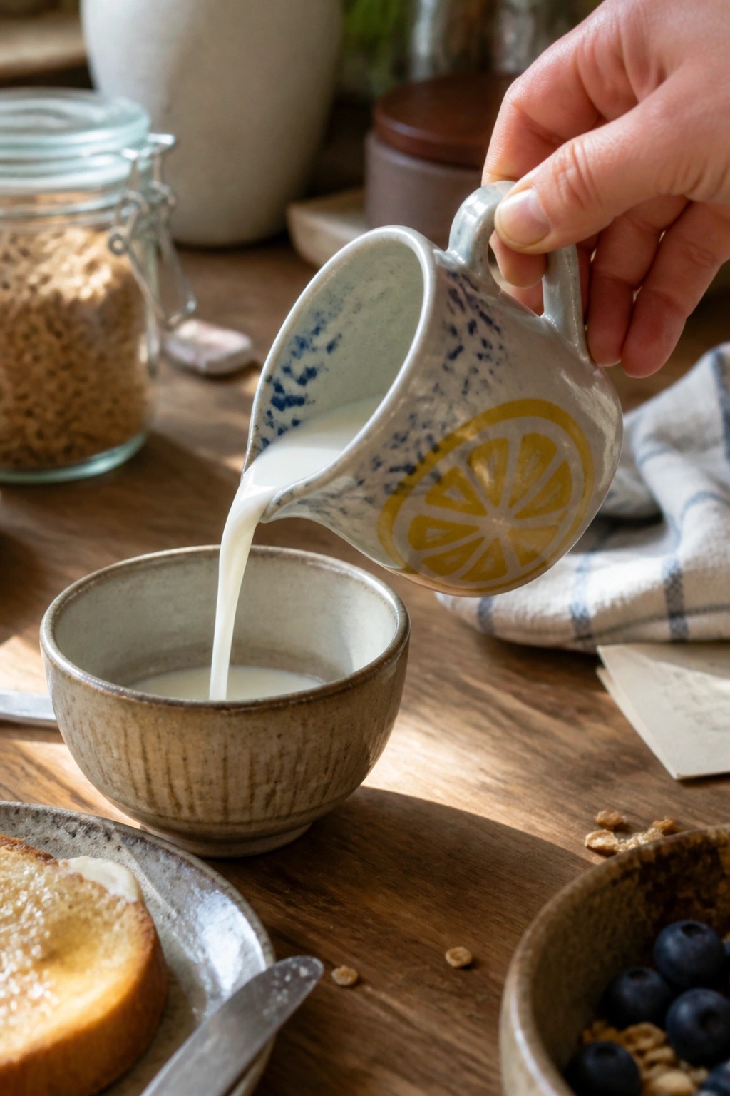 Hand pouring milk from lemon-patterned pitcher into rustic bowl on wooden table