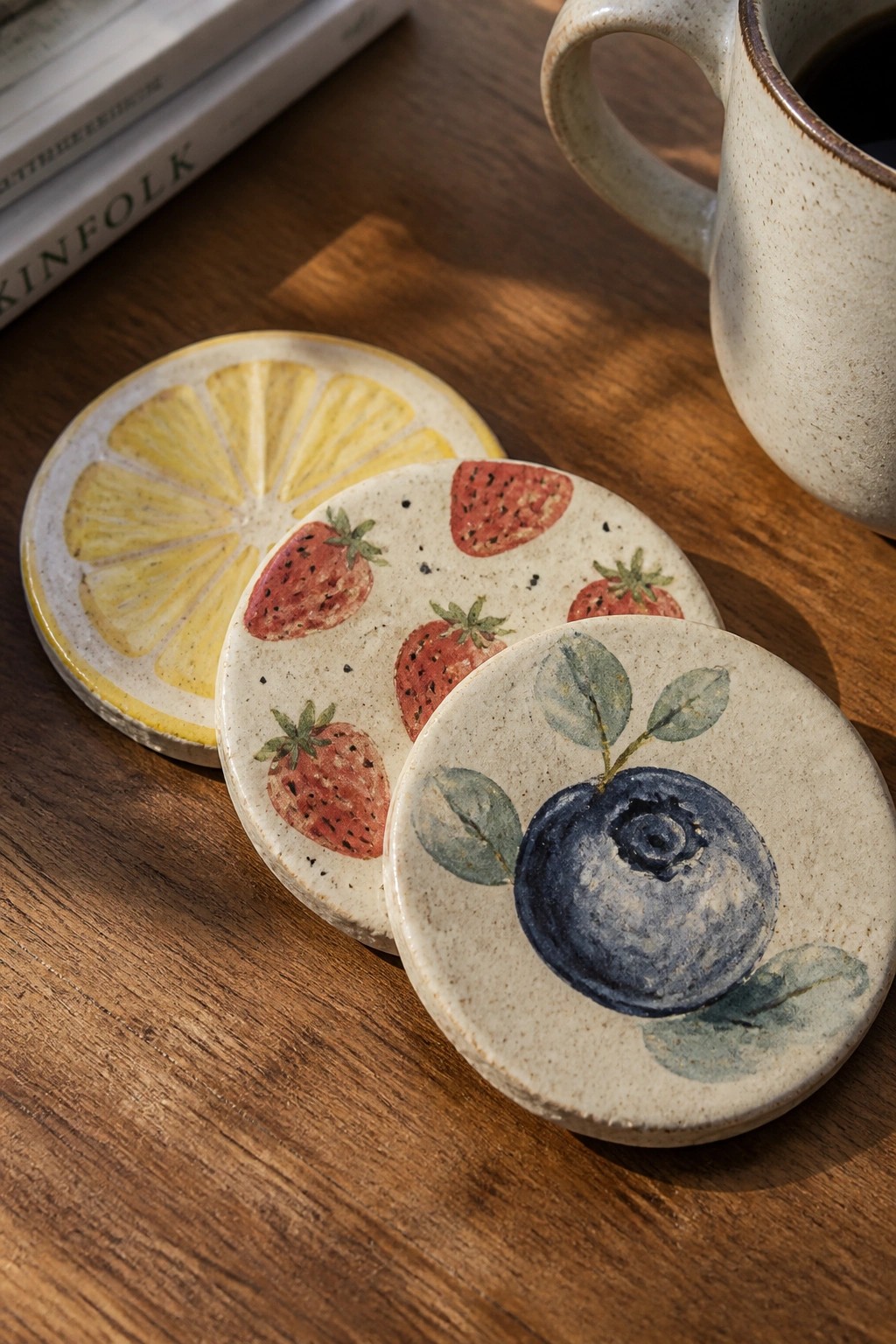 Three ceramic coasters with lemon, strawberries, and blueberry on wooden table