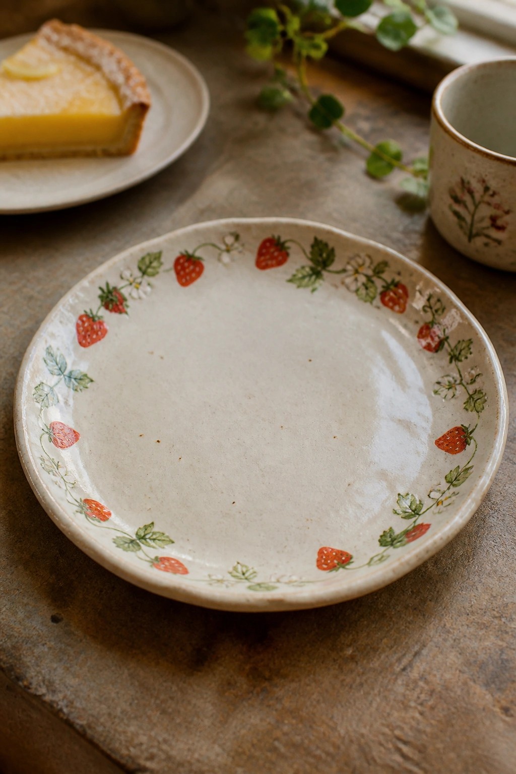 Ceramic plate with strawberry and leaf border on a wooden table next to a lemon tart.