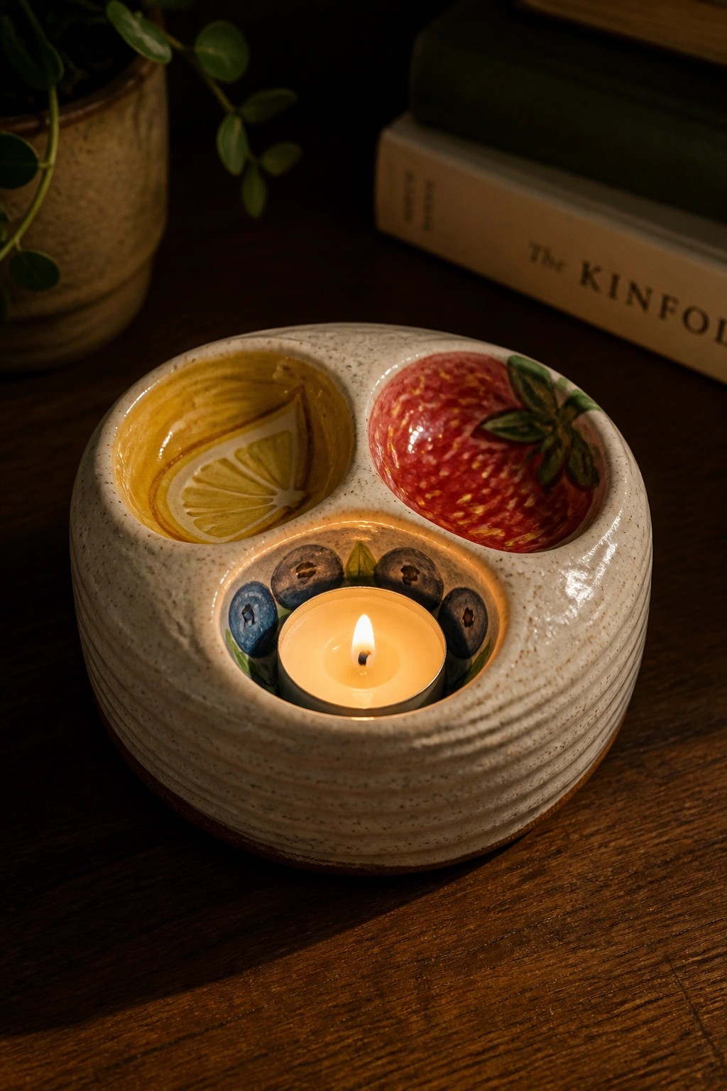 Ceramic holder with lemon, strawberry, and blueberry designs holding a lit tea light.