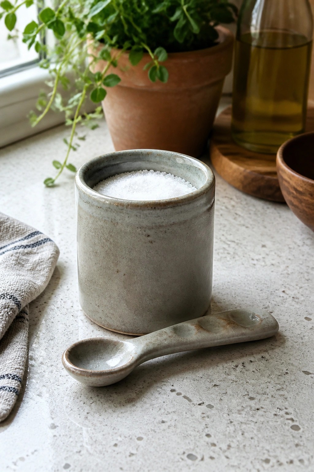 Rustic ceramic salt jar with spoon on countertop near potted herb and oil bottle