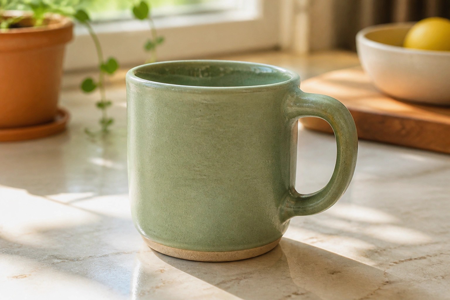 Green ceramic mug with handle on light speckled kitchen countertop in sunlight.