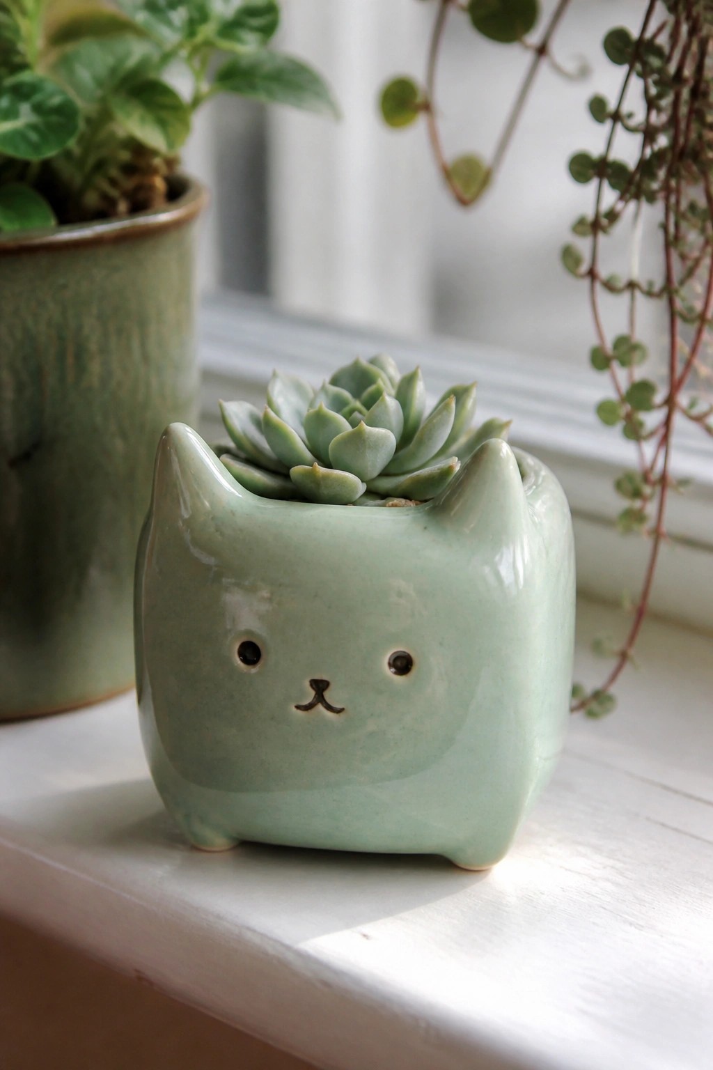Mint green cat-shaped ceramic planter with succulent on white windowsill with plants