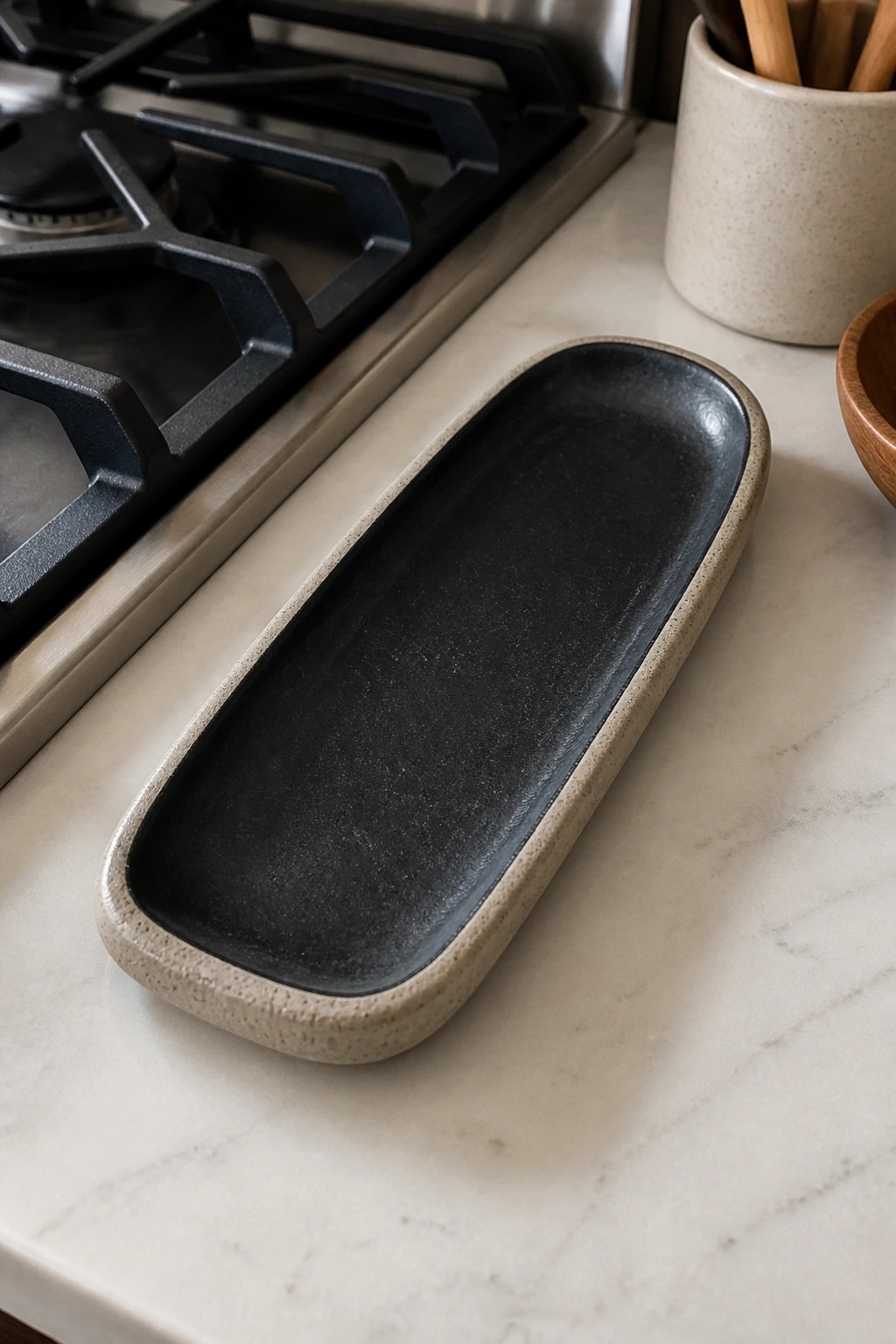 Black oval ceramic tray on marble countertop beside gas stove and utensil holder