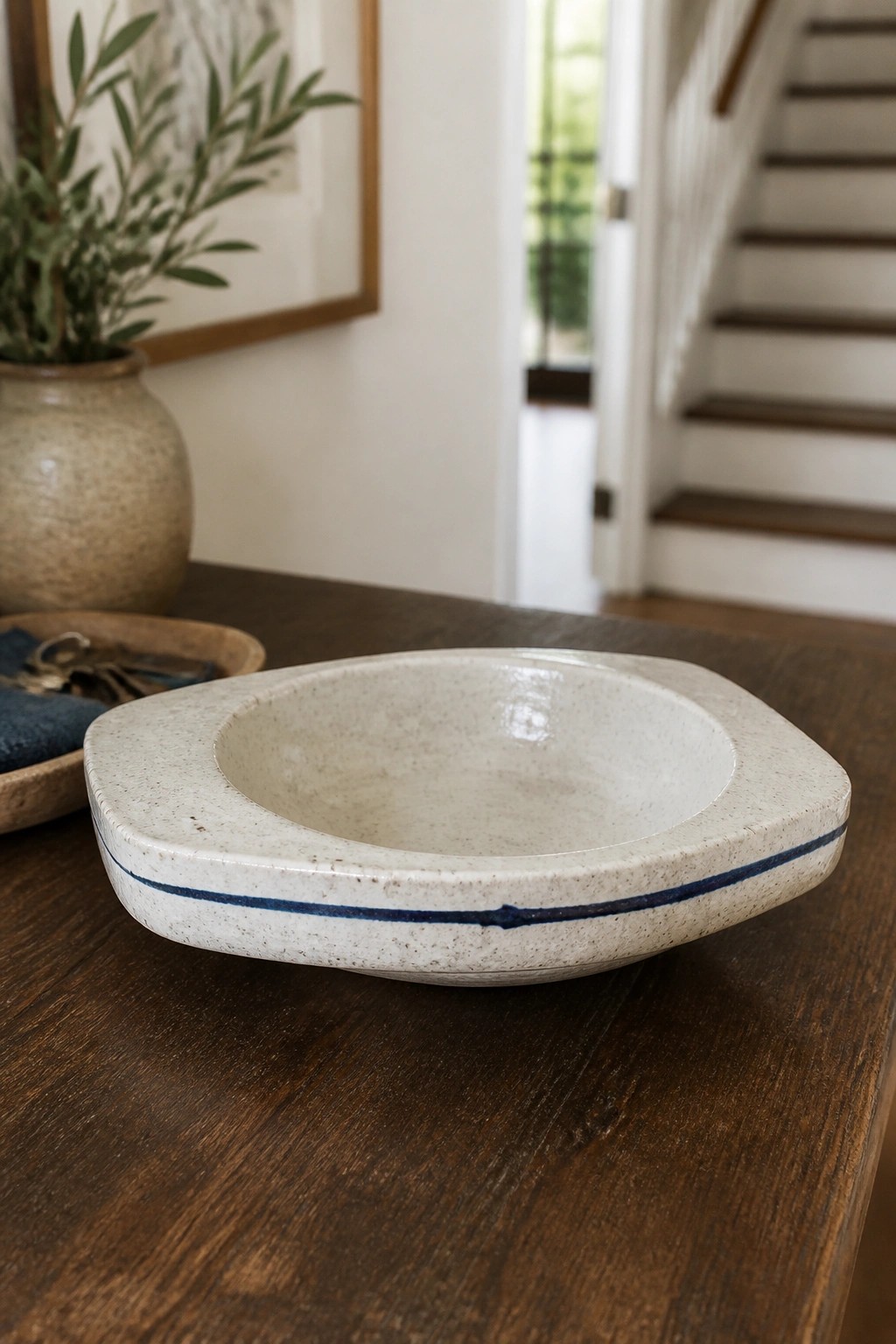 Speckled cream ceramic bowl with blue stripe on dark wooden table