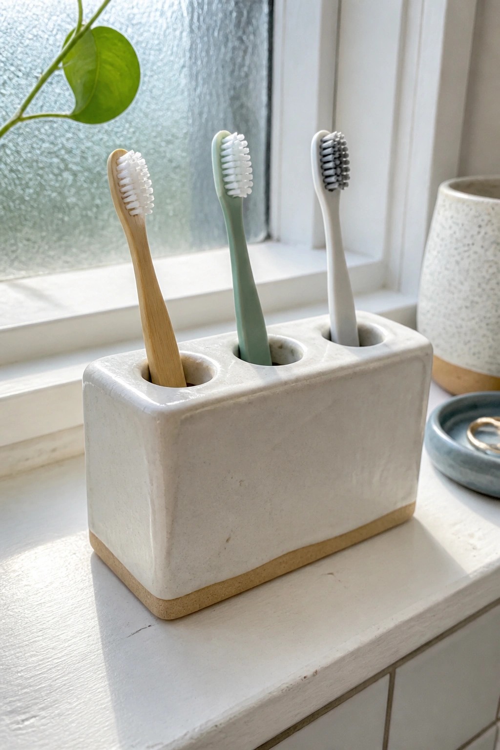 Three toothbrushes in a white ceramic holder on a windowsill.