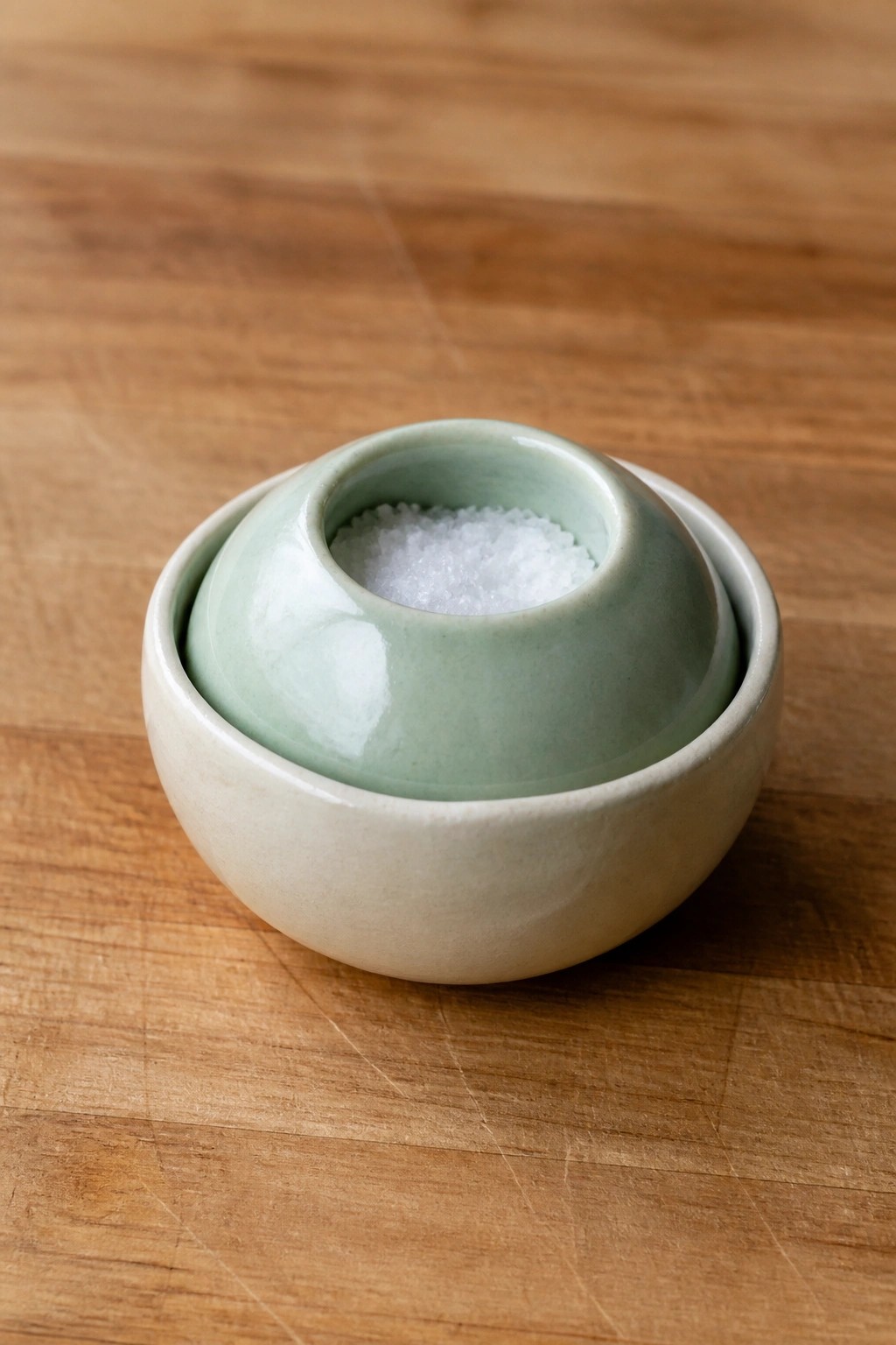 Light green bowl nested in beige ceramic bowl with white salt on wood
