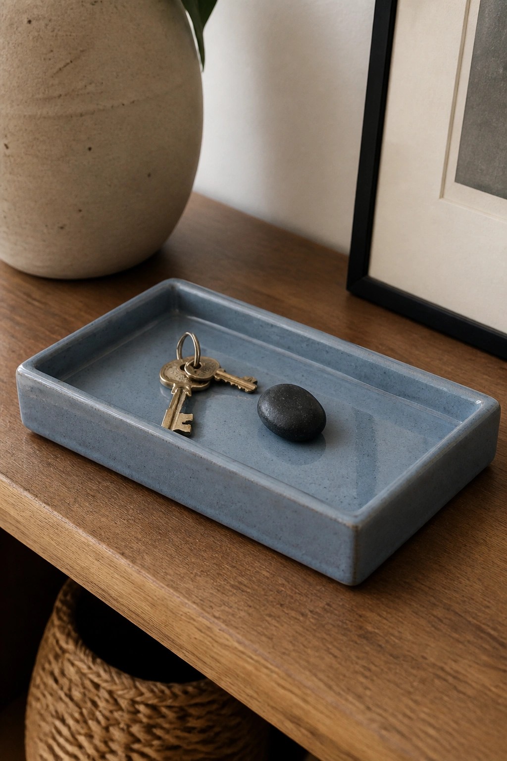 Blue ceramic tray with brass keys and black stone on wooden table