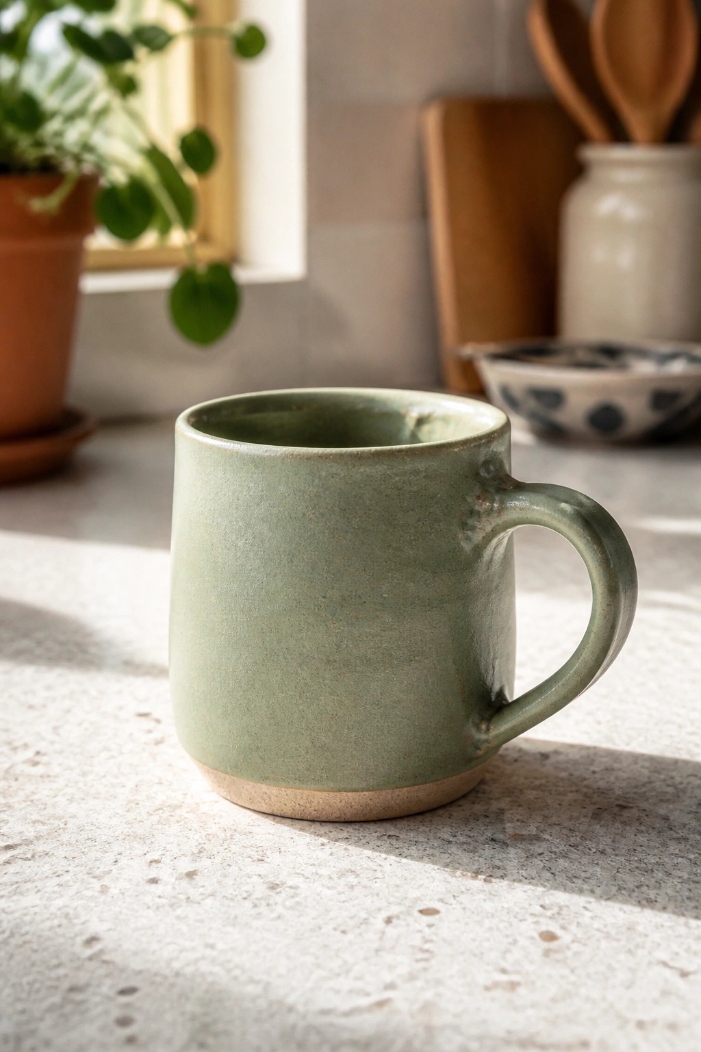 Green ceramic mug with handle on light speckled kitchen countertop in sunlight.