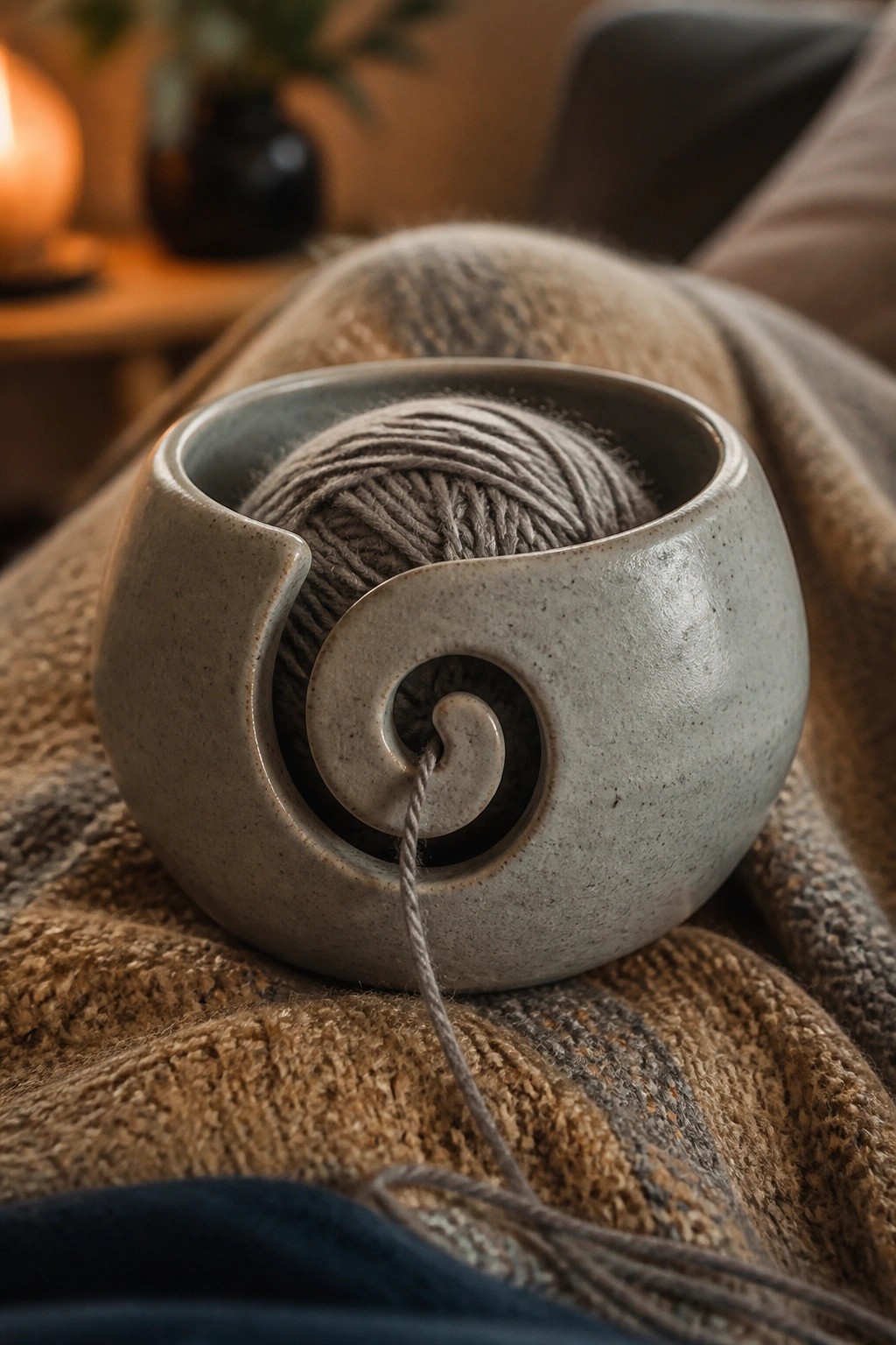 Spiral ceramic bowl with gray yarn on a chunky knit blanket