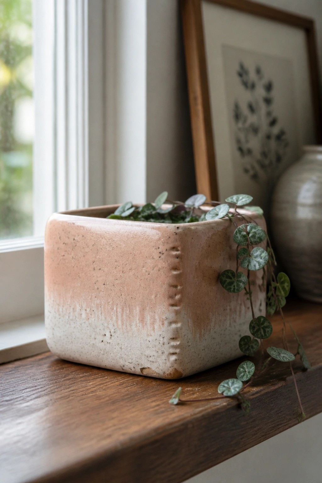 Pink speckled square ceramic planter with trailing vine on wooden windowsill