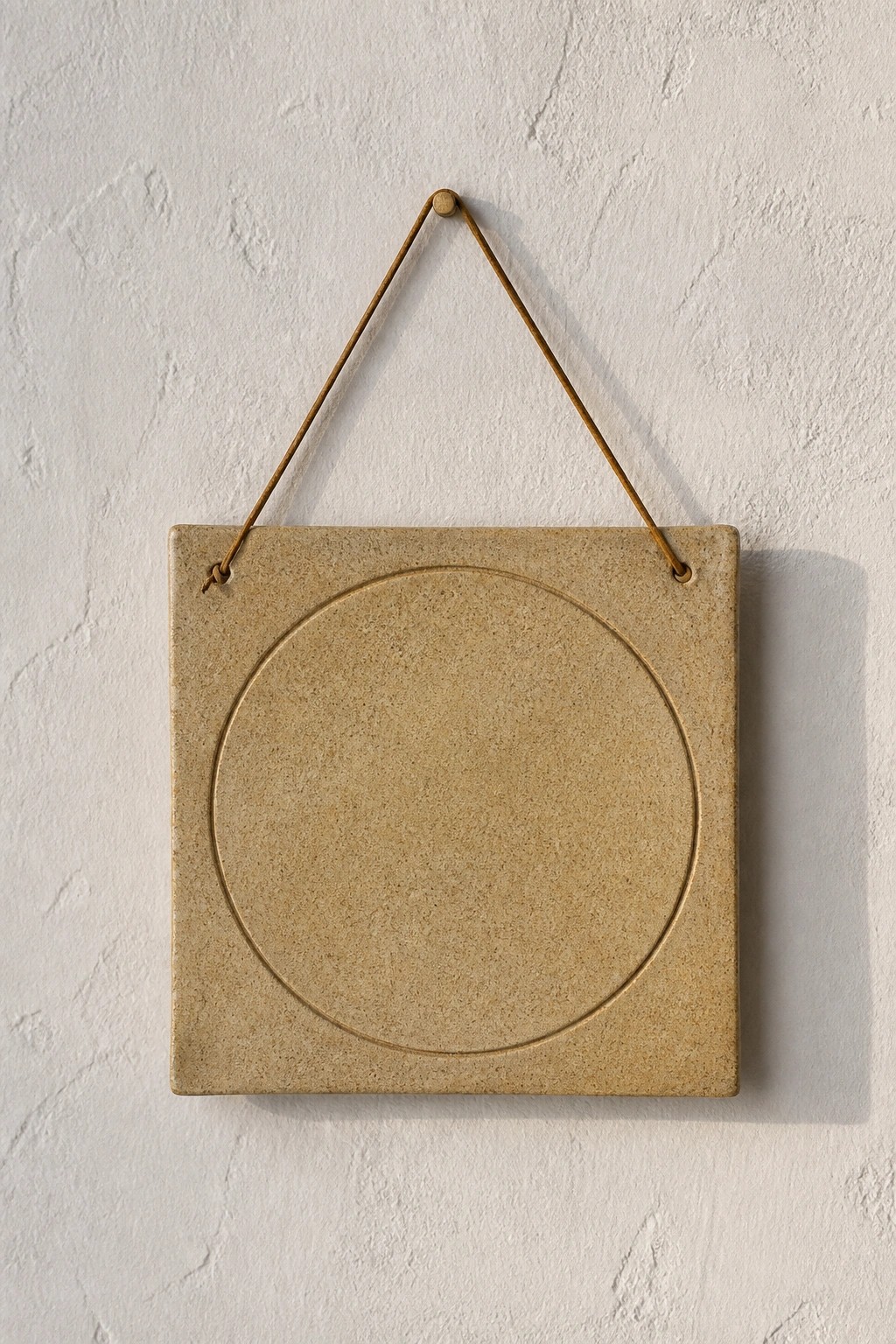 Square beige tile with central circle, hung on white wall by brown cord.