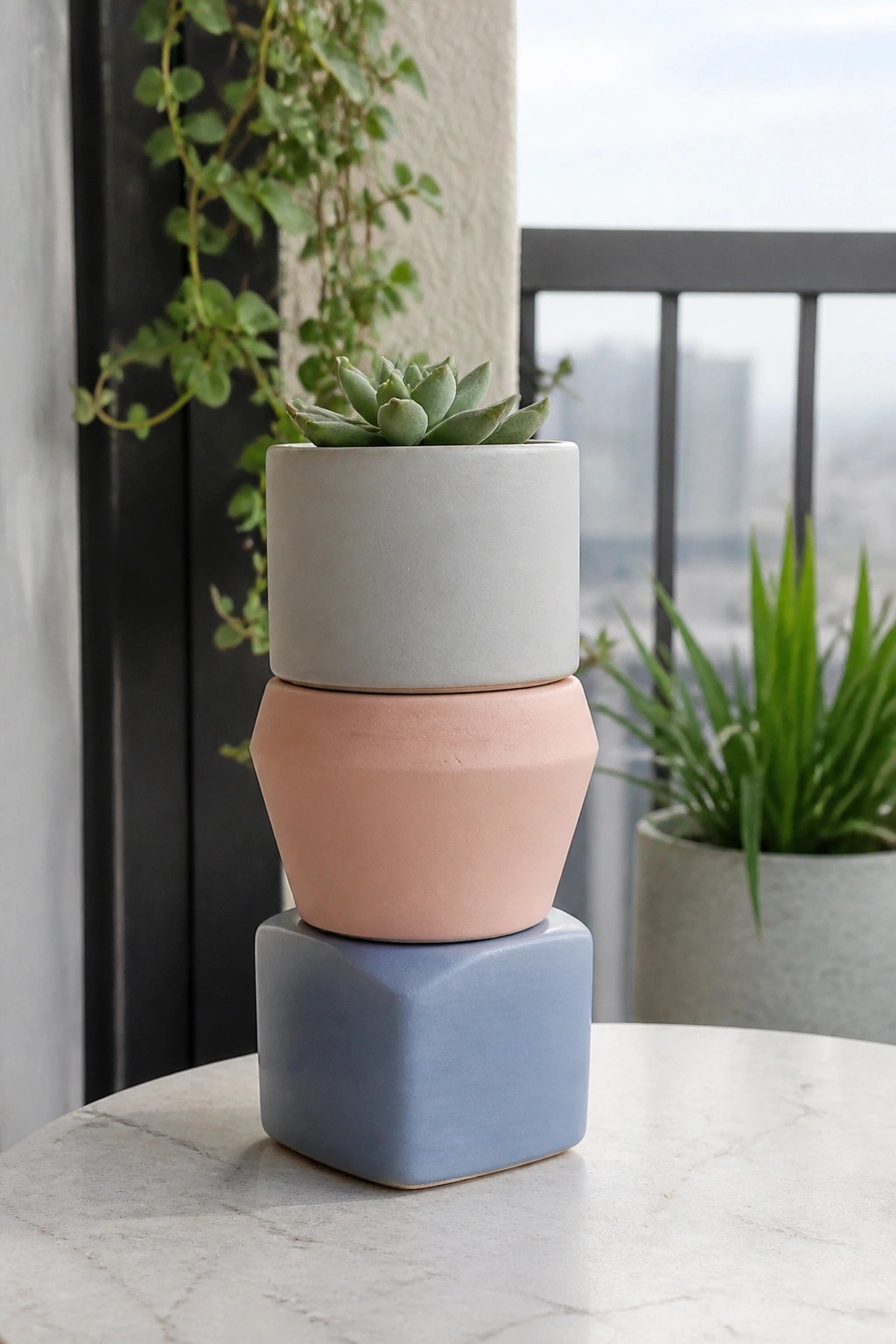 Stacked gray, pink, and blue ceramic pots with succulent on marble table.