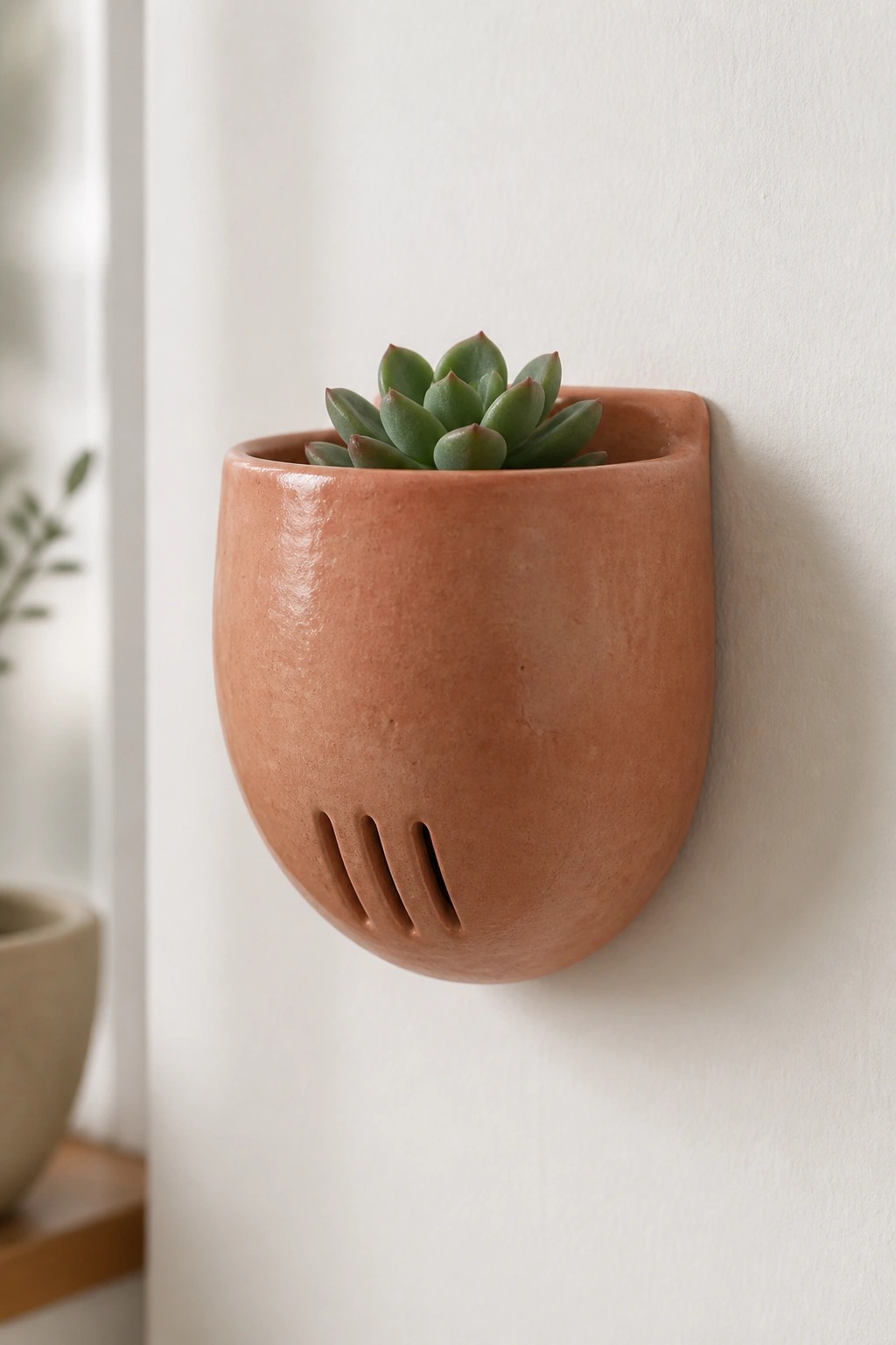 Terracotta wall-mounted planter holding a small green succulent on white wall