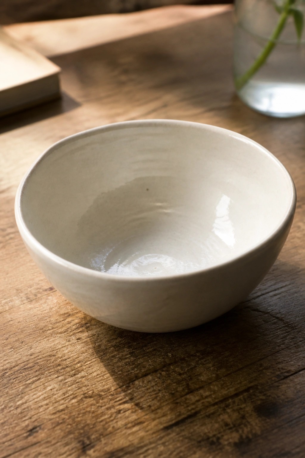 Creamy white ceramic bowl on sunlit wooden table with soft shadows.