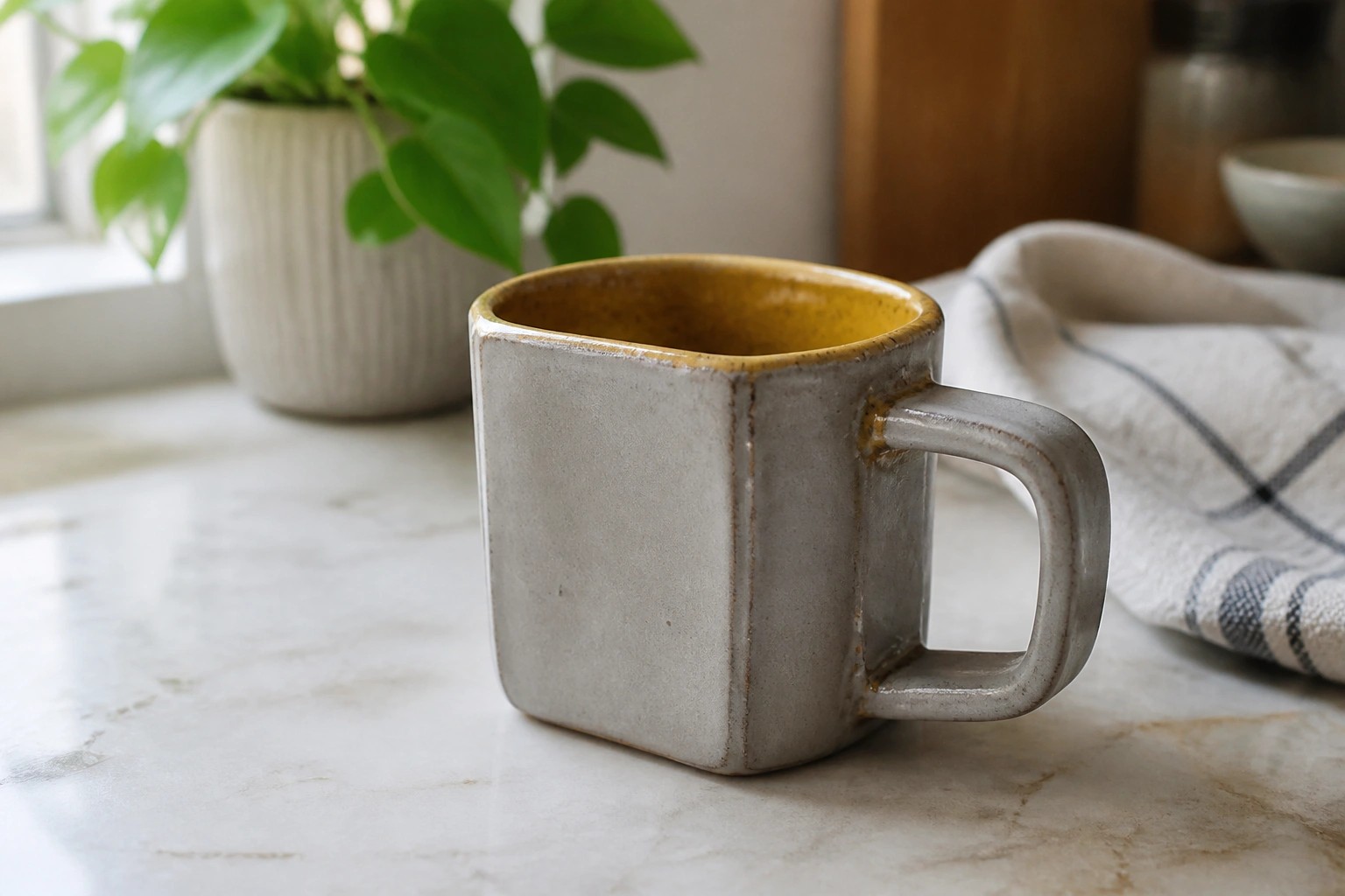 Square gray ceramic mug with yellow interior on white marble countertop.