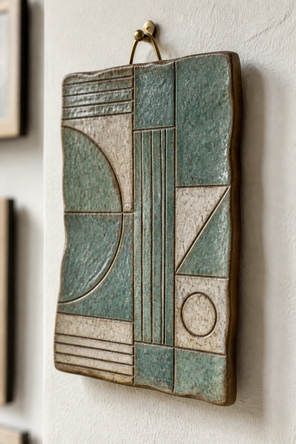 Rectangular ceramic wall plaque with geometric patterns in teal and beige glazes hanging on a white wall.