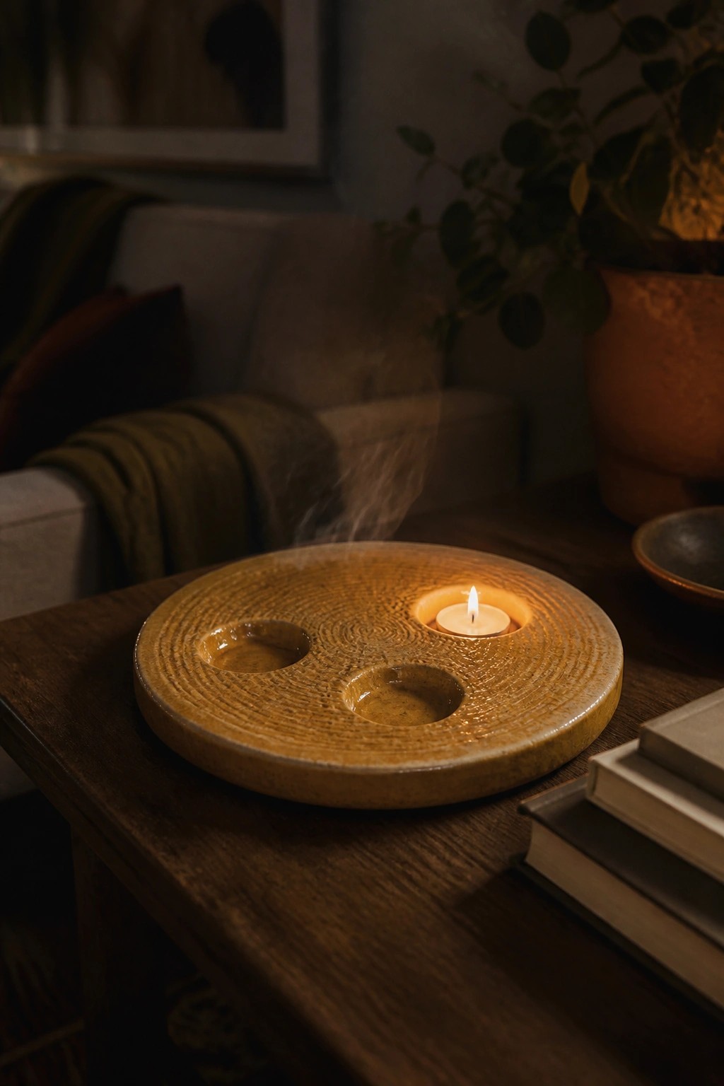 Lit candle in grooved yellow ceramic holder emitting smoke on wooden table