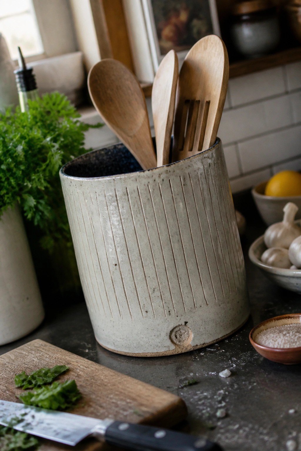 Textured ceramic jar holding wooden spoons on dark countertop near cutting board and herbs