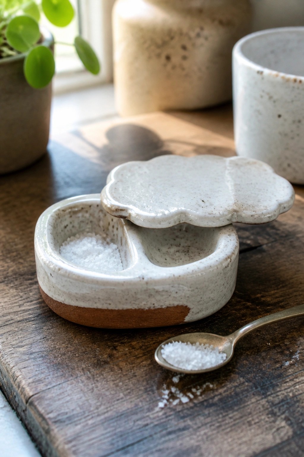 Speckled ceramic salt cellar with cloud lid and spoon on wooden table