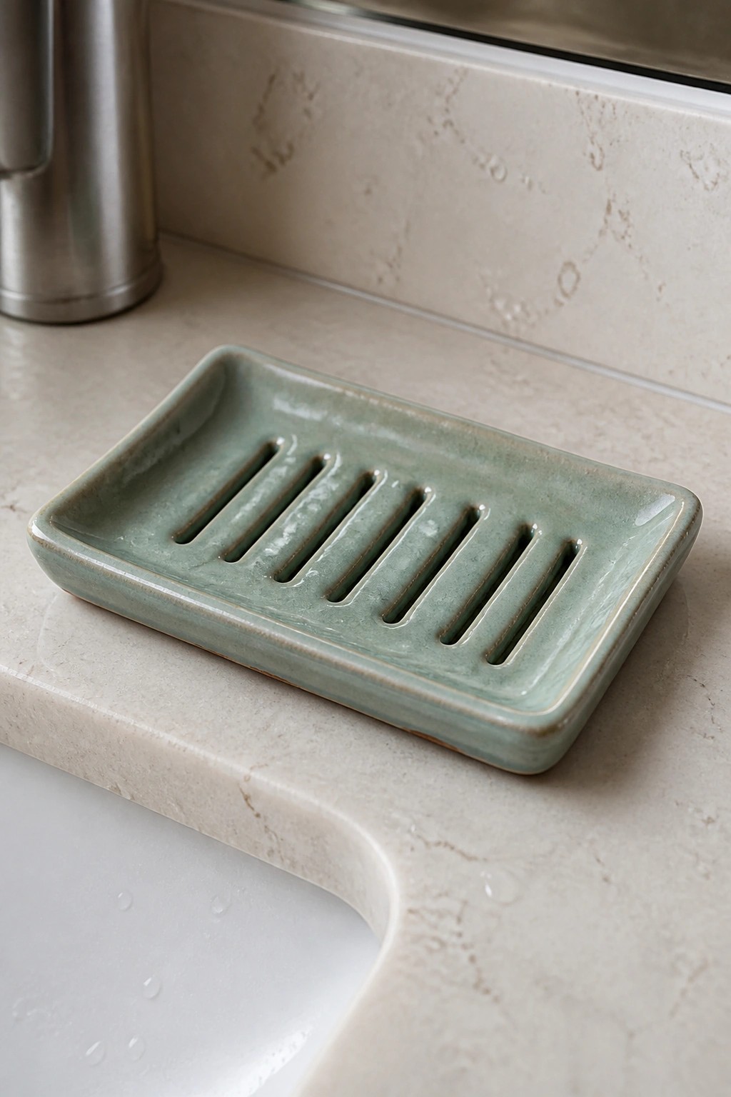 Green ceramic soap dish with slots on marble countertop by sink