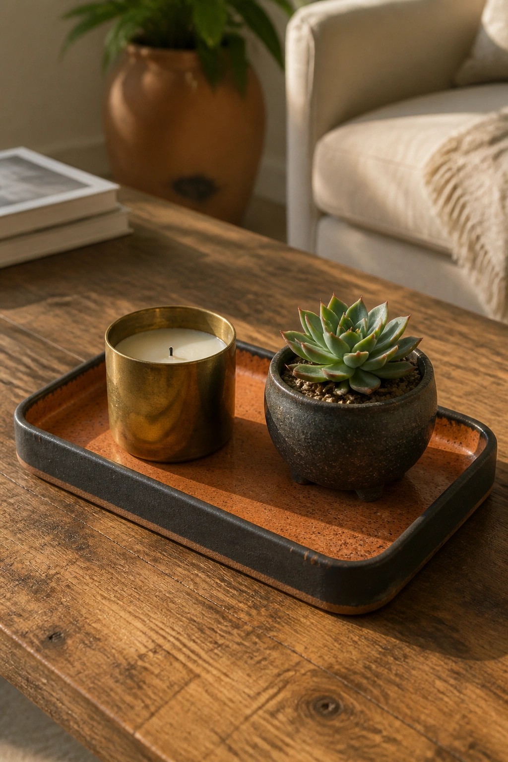 Brass candle holder and potted succulent on terracotta tray atop wooden table