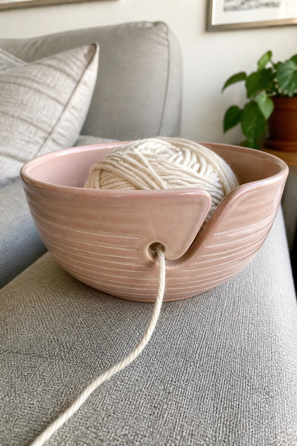 Pink ribbed ceramic yarn bowl with white ball and trailing strand on gray couch.