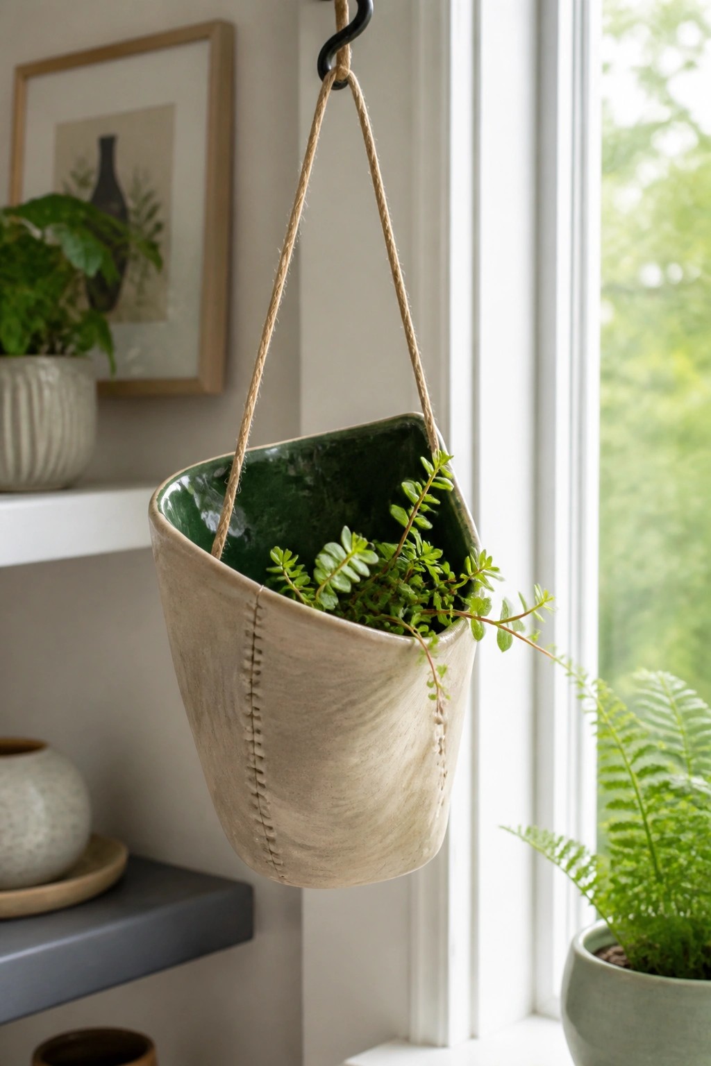 Beige ceramic hanging planter with trailing green plant near window.