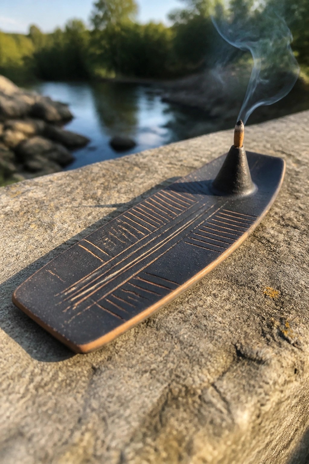 Burning incense cone on dark grooved holder resting on stone by river and trees