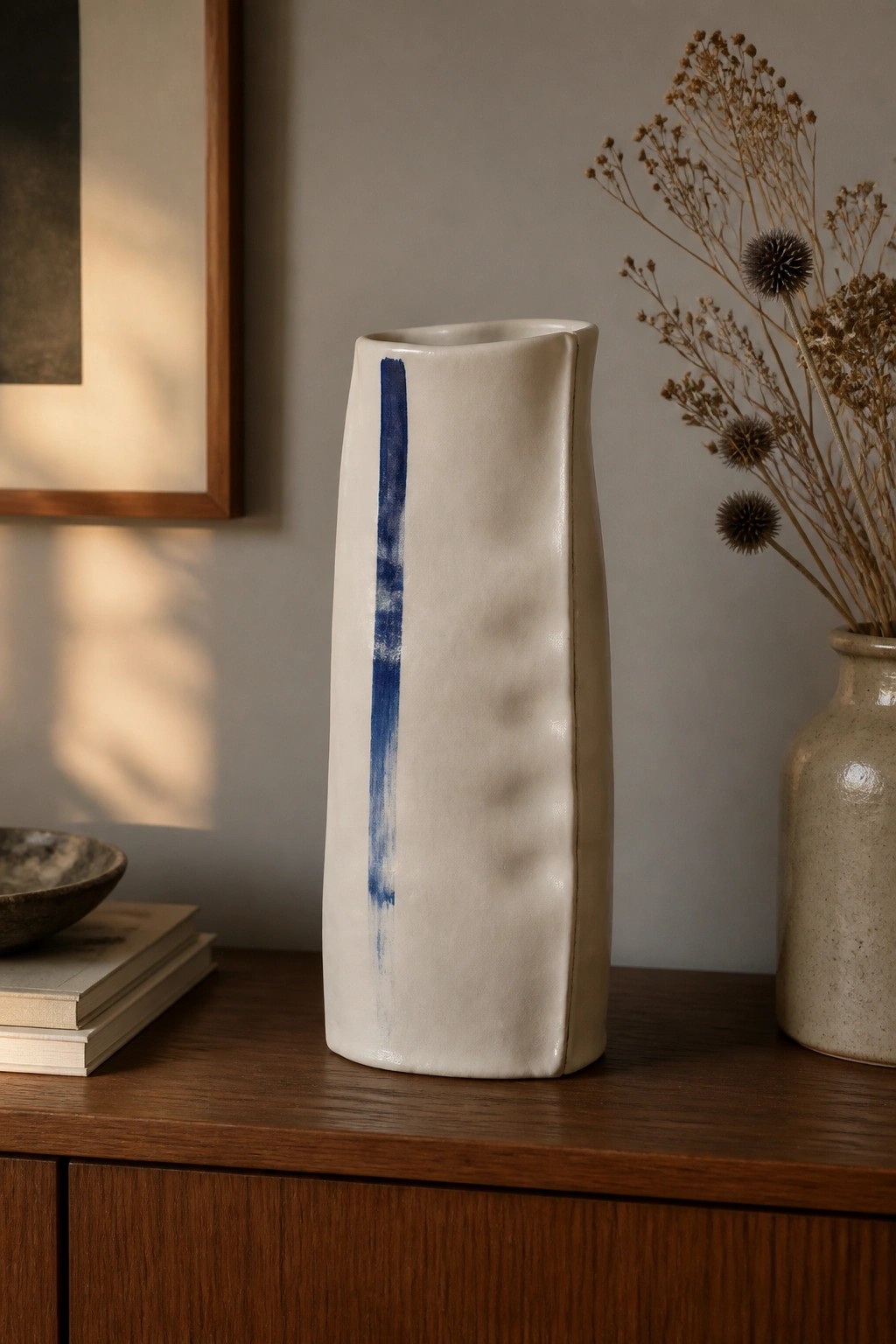 Tall white ceramic vase with blue stripe on wooden table near books and dried flowers