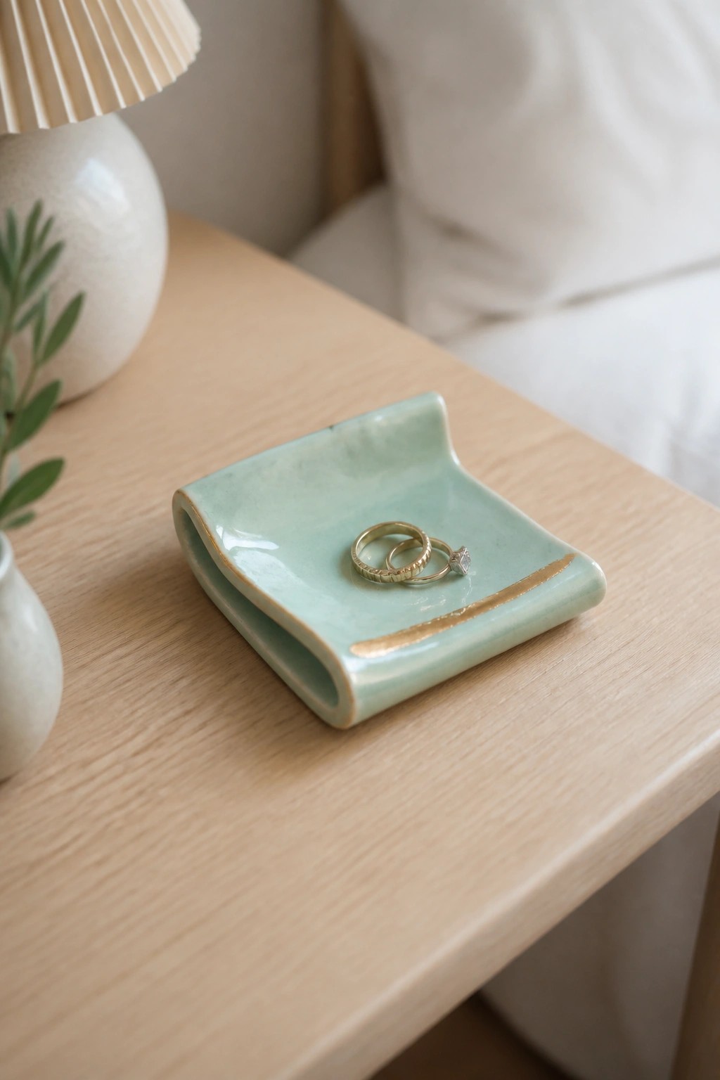Gold rings rest inside a mint green ceramic dish on a wooden table