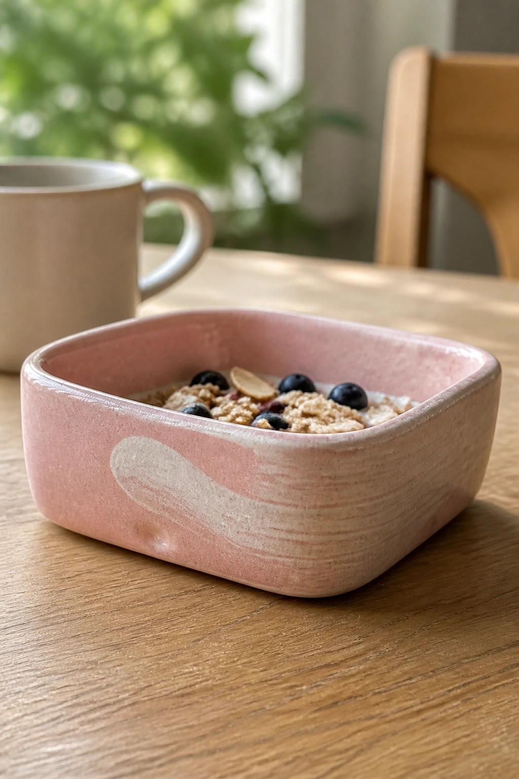 Pink ceramic bowl of yogurt topped with granola and blueberries on wooden table.