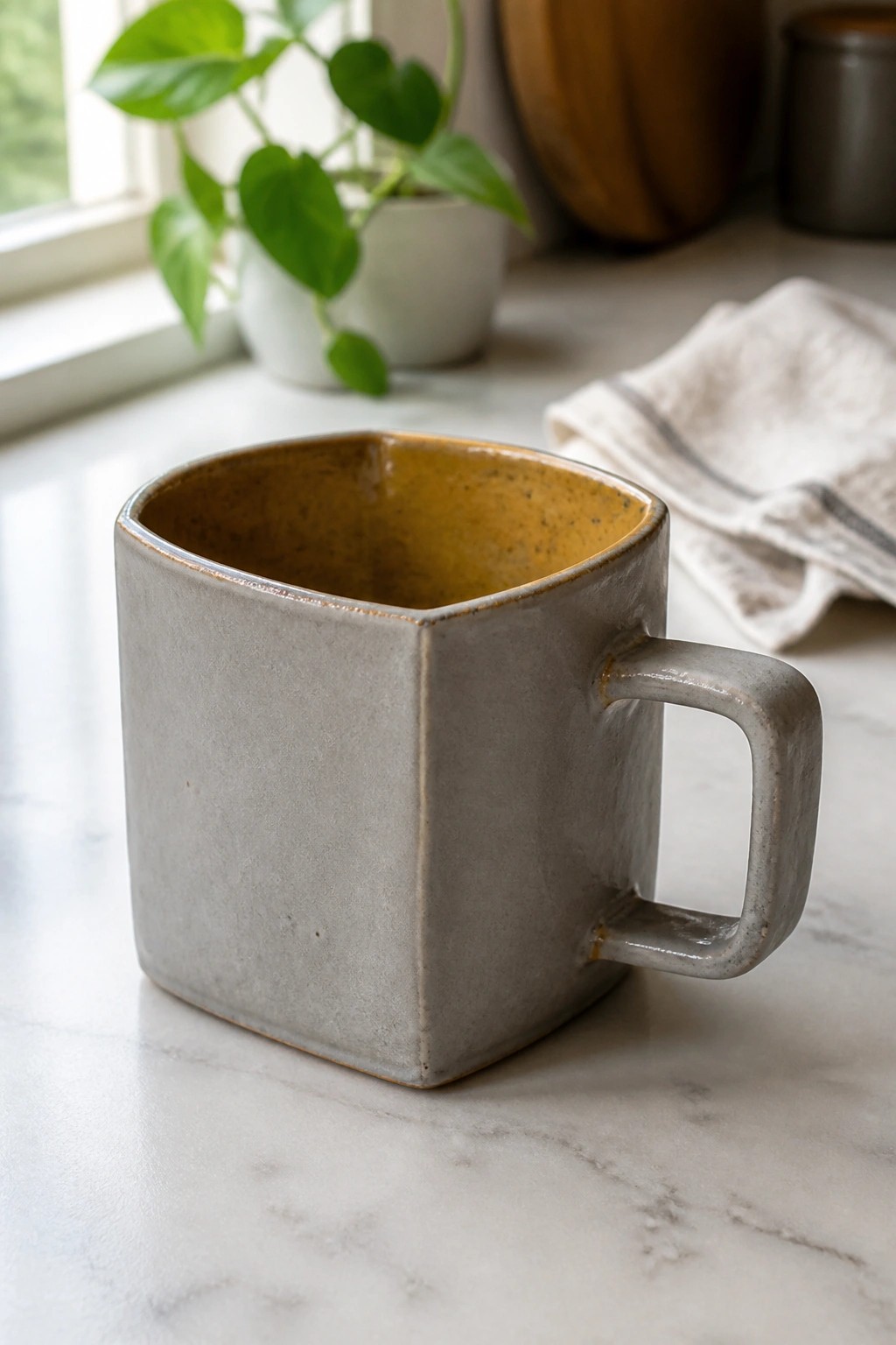 Square gray ceramic mug with yellow interior on white marble countertop.