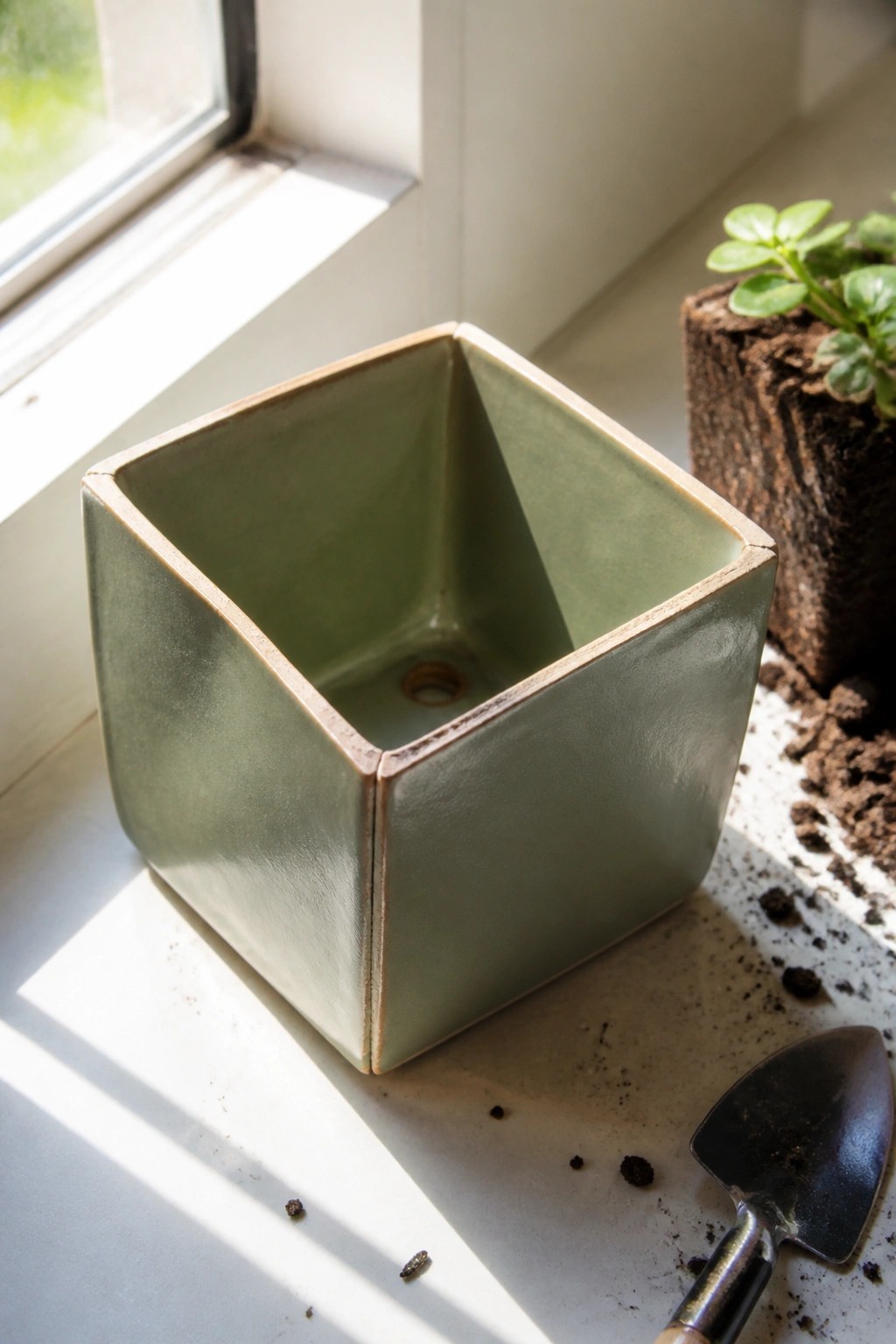 Green square ceramic planter pot on sunny windowsill with soil and trowel